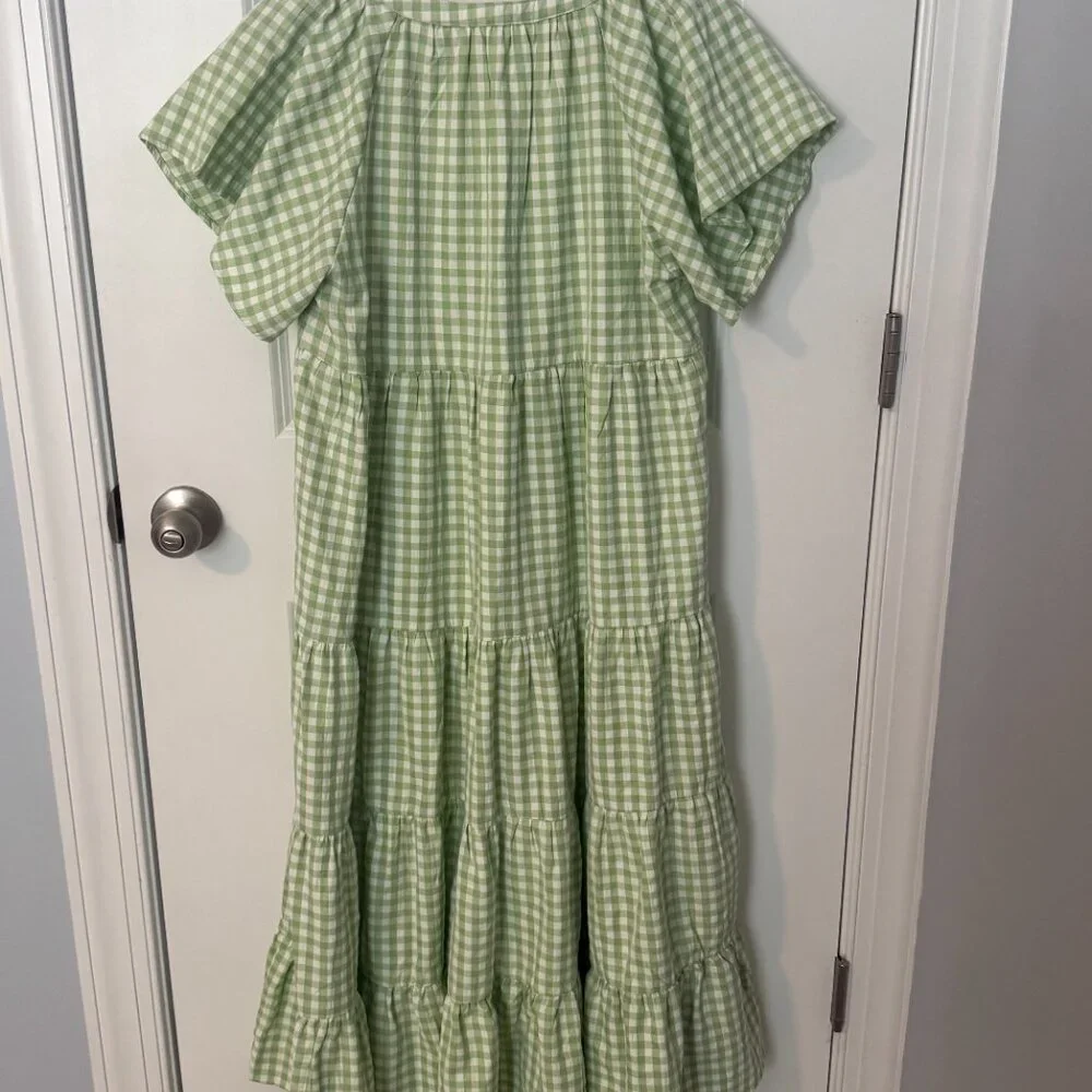 In Loom Dress Cottage core Green and White Smocked Maxi Medium - Picture 5 of 5